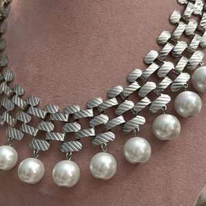Silver Collar Necklace with Glass Pearl Charms
